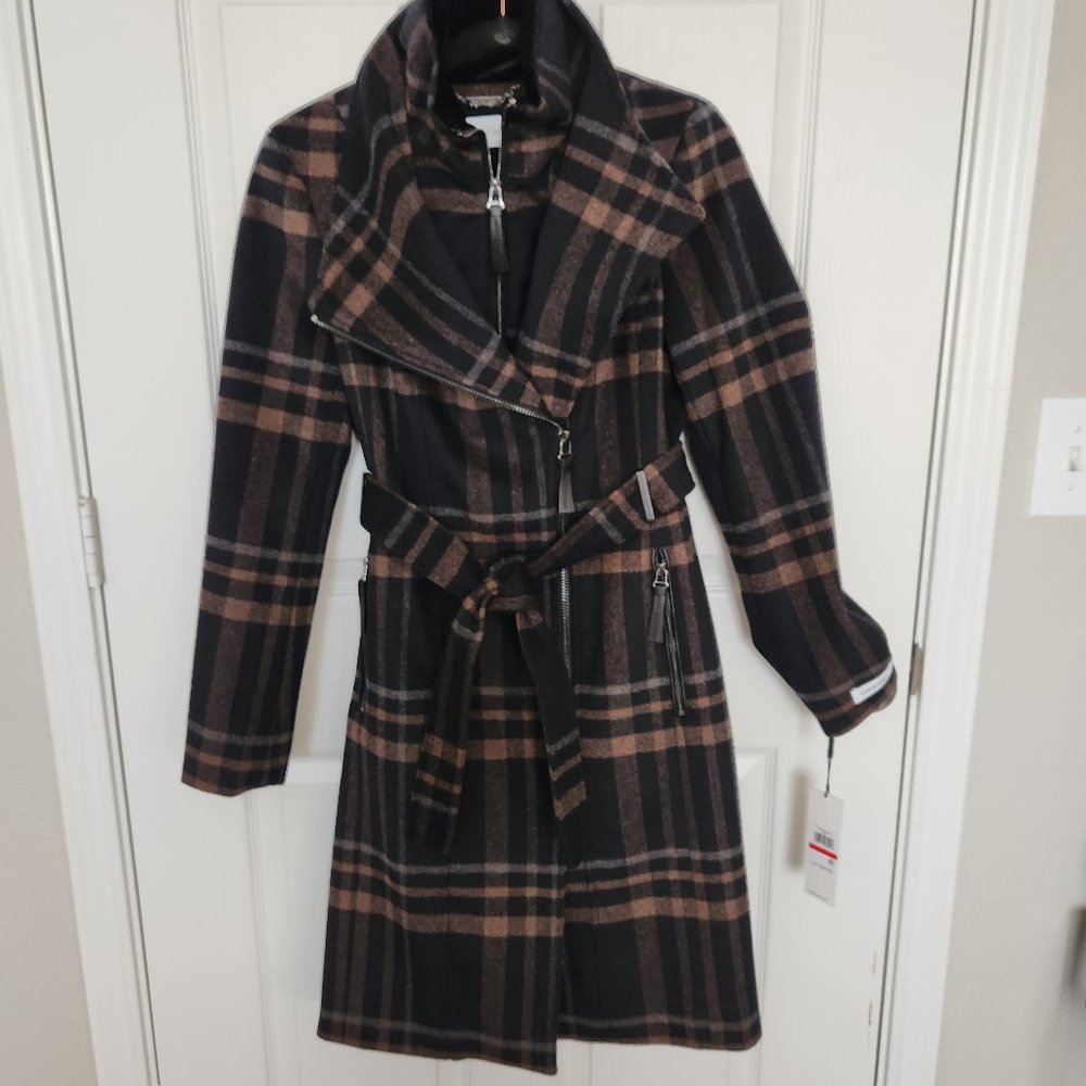 CALVIN KLEIN Belted Wrap Coat - Plaid XS - NWT